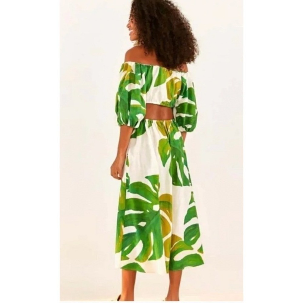 Farm Rio Linen Blend Monstera Midi Dress Tropical Resort Vacation | Size M - Picture 9 of 12